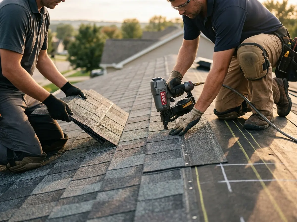 Professional roofer working on a residential roof in Herculaneum